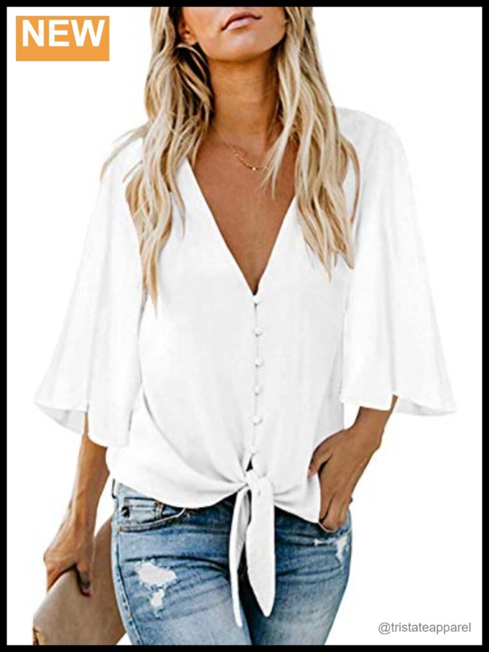 Womens Button Down V Neck Tie Knot Front Chiffon Blouse 3/4 Ruffle Sleeve